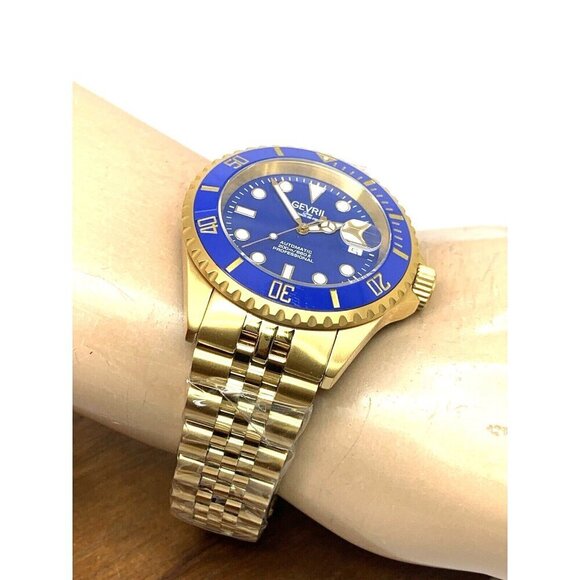 Gevril Men's Watch 4854B Wall Street Swiss Automatic Diver Blue Dial Gold 43mm - Picture 6 of 15
